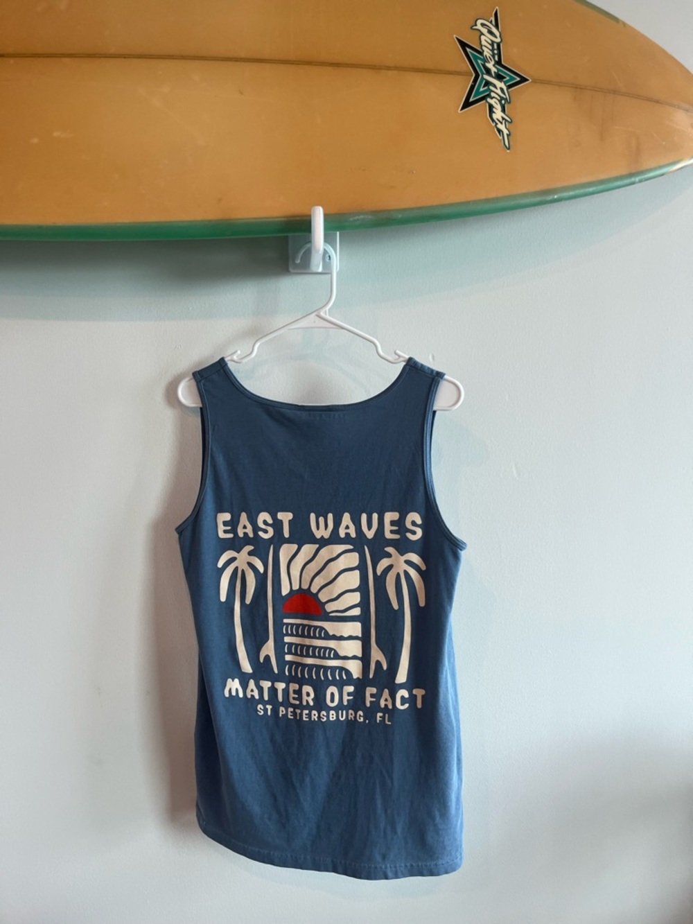 East Waves "Matter of Fact" Graphic Tank Top - Blue with Cream & Red Print